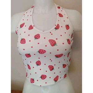 Romwe Women White Ribbed Strawberry Print Halter Crop Top Size‎ L